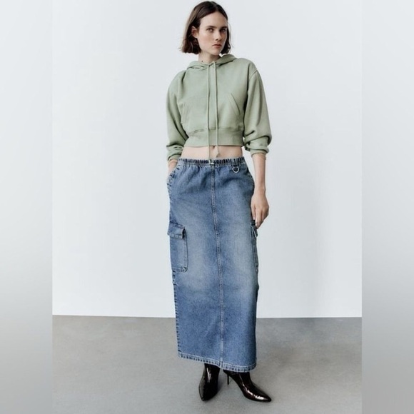 Zara TRF Denim Cargo Maxi Skirt - Picture 1 of 7
